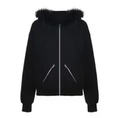 ファーパーカー フーディー 黒 短丈　y2k fur zip hoodie