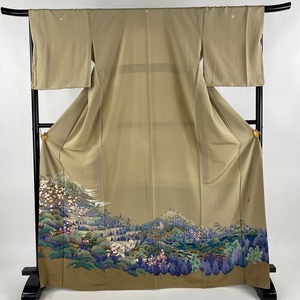 色留袖 身丈169.5cm 裄丈67cm M 袷 落款 風景 枝垂れ桜 薄茶色 正絹 秀品 五つ紋 【中古】