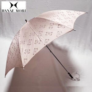 《HANAE MORI ハナエモリ》新品 日本製 シルク100% はっ水・UV加工 蝶々総柄 晴雨兼用長傘 雨傘 日傘 8本骨 クリアーハンドル S04201