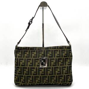 1円 美品 FENDI フェンディ ズッカ柄 ズッカ ナイロンキャンバス レザー ワンショルダー カーキ FFロゴ SV金具