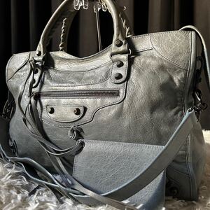 ●高級●BALENCIAGA バレンシアガ 2way シティ ハンドバッグ ワンショルダーバッグ 鞄 かばん 肩掛け ミラー付き 本革 レザー アイスグレー