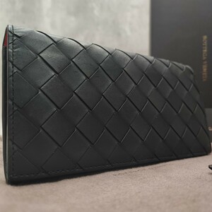 現行/付属品付き●BOTTEGAVENETA ボッテガヴェネタ メンズ マキシイントレチャート 二つ折り長財布 バイカラー レザー 黒ブラック オレンジ