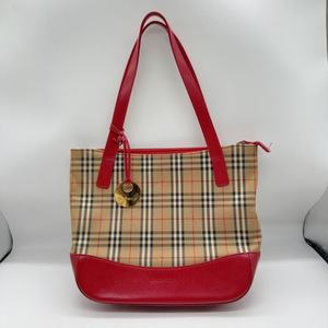 7964-01♪１円スタート♪★Burberry (バーバリー)トートバッグ／レッドチェック／肩掛け／ノバチェック／レザー／ベージュ／美品★