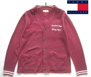 高級!!トミーヒルフィガー TOMMY HILFIGER*星型ロゴワッペン＆刺繍入り コットンニットカーディガン L ワイン