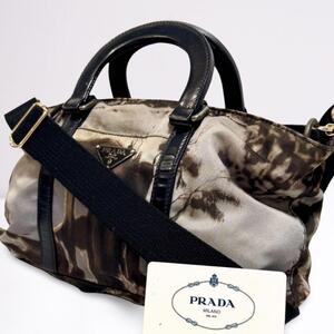 PRADA プラダ ギャランティカード 2WAYショルダーバッグ ハンドバッグ 三角ロゴ 三角プレート 風景柄 黒 グレー ナイロン 白タグ 正規品