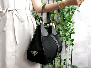 ●超美品●PRADA プラダ●三角ロゴプレート●ポコノ ナイロン レザー 本革●ハンド バッグ●黒●SV金具●肩掛け●B5 収納 かばん●Js47586