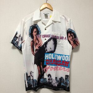 (k) 23SS 美品 WACKO MARIA ワコマリア GUILTY PARTIES HOLLYWOOD CHAINSAW HOOKERS B級ホラー映画 アロハシャツ 半袖 M 白 メンズ 日本製