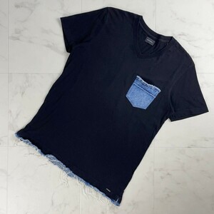 美品 DIESEL ディーゼル 部分デニム 胸ポケット 切替Vネック 半袖Tシャツ カットソー トップス メンズ 黒 インディゴ サイズS*SC111