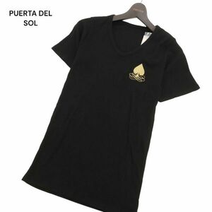 新品 未使用★ PUERTA DEL SOL プエルタデルソル ロゴワッペン 刺繍 半袖 Vネック リブ カットソー Tシャツ Sz.M　メンズ 黒　C4T03350_4#A