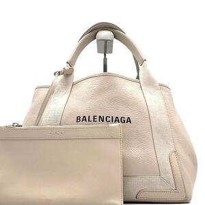 《美品》BALENCIAGA バレンシアガ ネイビーカバスS レザー ハンドバッグ トートバッグ ポーチ付 クリーム