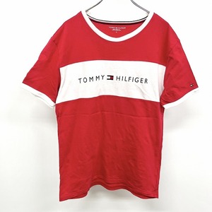 トミーヒルフィガー TOMMY HILFIGER Tシャツ カットソー 切り返し生地 ロゴプリント 丸首 半袖 綿100% M レッド×ホワイト 赤 メンズ 男性