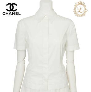 【返品可】CHANEL シャネル ココマーク メタル ロゴボタン 半袖 シャツ ブラウス Tシャツ サイズ38 白 ブランド アパレル 中古 中古品-ほぼ