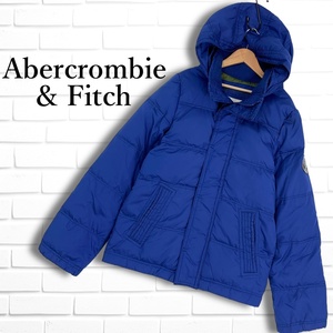 ◆良品◆ Abercrombie&Fitch アバクロンビー&フィッチ アバクロ ロゴワッペン フード ダウン ジャケット 青 ブルー メンズ M　3104G