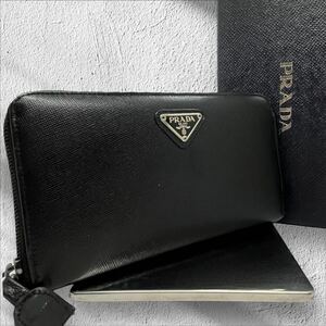 【美品】PRADA プラダ メンズ 長財布 ラウンドファスナー ジップ カード コイン ケース 三角ロゴ サフィアーノ レザー 革 黒 ブラック 折り