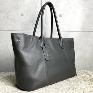 [極美品] BARNEYS NEW YORK バーニーズニューヨーク メンズ ビジネス 大型 トートバッグ 肩掛け 本革+オールレザー A4+PC可 通勤 グレー