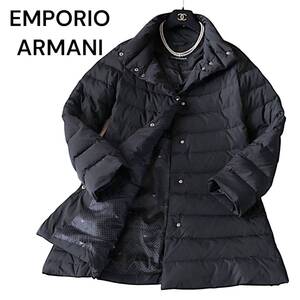 C10◆美品 エンポリオ アルマーニ EMPORIO ARMANI 42 L XL 前後 キルト キルティング ライト ダウン フェザー コート ジャケット フレア 黒