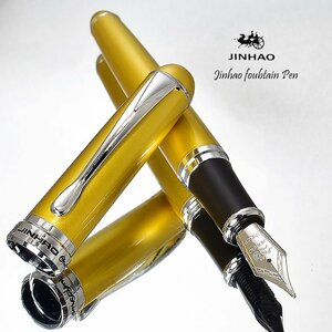 ◆●万年筆【JINHAO/金豪】ジンハオ X750 メタリックイエロー 太軸 両用式 ペン先:大型18KGP M 中字 滑らかな書き心地 新品 1円～/JH8M