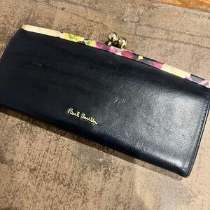 【即決】美品 Paul Smith ポールスミス 長財布 がま口 ロングウォレット ウォレットレザー　花柄　ダークネイビー　ピンク