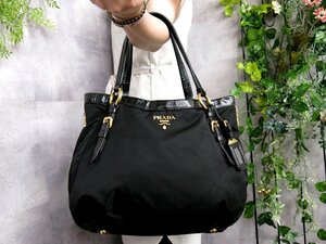 ●超美品●PRADA プラダ●ロゴ金具●ポコノ ナイロン エナメル パテント レザー 本革●トート ハンド バッグ●黒●G金具●A4●Js46898