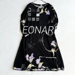 LEONARD レオナール 花柄 長袖ワンピース 黒 シルバーボタン