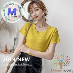 Solid color ラウンドフリル Tシャツ Mサイズ 美ライン 半袖 レディース オフィス カジュアル 無地 綺麗め K-088-2イエロー