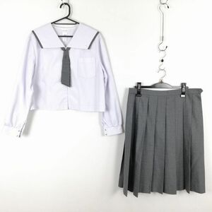 1円 セーラー服 スカート ネクタイ 上下3点セット LL 大きいサイズ 特大 中間服 グレー1本線 女子 鹿児島西陵中学 白 中古 ランクC EY5239