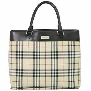 本物 バーバリー BURBERRY ノバチェック チェック トートバッグ ハンドバッグ キャンバス レザー ベージュ ブラウン