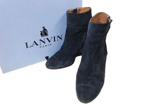 (D) LANVIN ランバン スエード レザー ヒール ブーツ 37.5 ネイビー シューズ (ma)