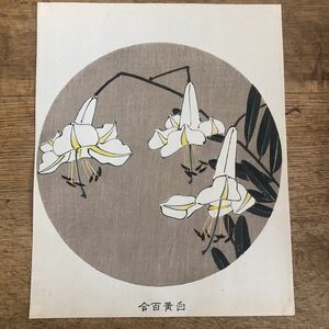 伊藤若冲　木版画　明治２３年　京都信行寺天井絵　１８９０　復刻版　白黄百合　jyakuchu woodblock print reproduction