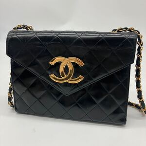 美品 CHANEL シャネル デカココマーク マトラッセ チェーンショルダーバッグ パテントレザー エナメル ブラック ゴールド金具