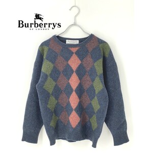 A9632/ビンテージ 90s 極美品 春夏 BURBERRY バーバリー ウール アーガイル柄 ニット セーター 40 102 紺 M程 スコットランド製 メンズ