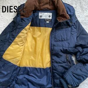 ■極美品/XL-2XL相当■DIESEL ディーゼル ダウンジャケット 中綿 フード着脱可 切り替え 2way コーデュロイ ハイネック 裏地派手 紺色