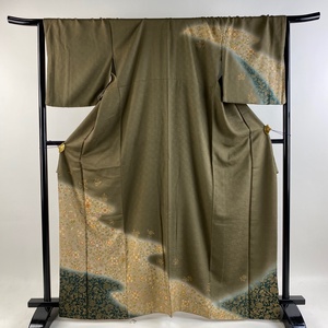 訪問着 身丈166cm 裄丈68cm L 袷 華文 花唐草 金糸 刺繍 茶色 正絹 秀品 【中古】