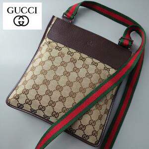 美品 GUCCI グッチ ショルダーバッグ GG柄 シェリーライン キャンバス×レザー メッセンジャー 斜め掛け 茶 ブラウン ロゴ 総柄 27639