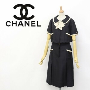 ヴィンテージ◆CHANEL/シャネル BOUTIQUE 金釦 ボウタイ ラウンドカラー 半袖 シャツ ワンピース ブラック 40