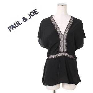 新品 PAUL & JOE 定価56,000円 FJILL TOP レース切替 シルク ブラウス size1 ブラック ポール＆ジョー