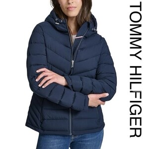 トミー ヒルフィガー 新品 ネイビー 紺色 ロゴ フラッグ パーカー フード ダウンジャケット ダウンコート TOMMY HILFIGER レディース 細身