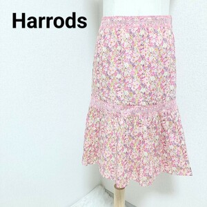 ハロッズ Harrods 美品 華やか フェミニン フレアスカート ひざ丈 リバティ 花柄 総柄 ピンク色 コットン 2 Mサイズ レディース