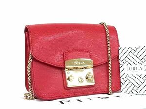 1円 ■極美品■ FURLA フルラ メトロポリス レザー チェーン クロスボディ ショルダーバッグ 斜め掛け 肩掛け レッド系 FH0814