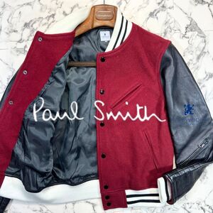 極美品/レザー切替 ●Paul Smith ポールスミス R.NEWBOLD スタジャン 黒 ジャケット ボルドー ブラック パデット 牛革 メルトン ウール M