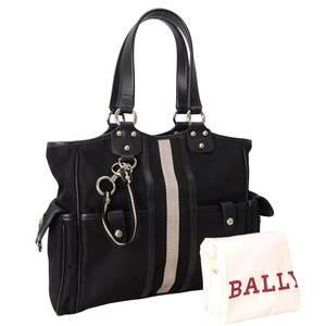 本物良品■バリー/BALLY■ブラックキャンバス/レザー/ストライプ/シルバー/トートバッグ/ハンドバッグ