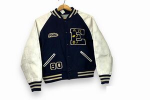 90sビンテージTM Athleticsティエムアスレティクスレターワッペンウール×レザーアワードジャケット44ネイビースタジャンアメカジnr24377