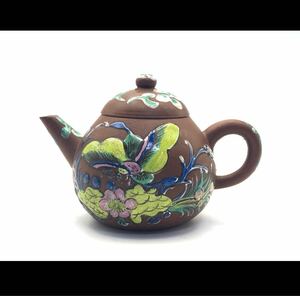 【寧】煎茶道具 唐物 朱泥 紫砂 細密花鳥図 急須 茶壺 時代品 【2a101412 5】