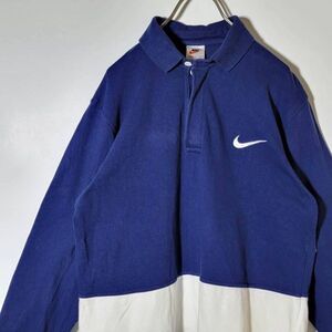 90s 銀タグ NIKE ナイキ 長袖ポロシャツ ( キッズL ) 古着 90年代 ワンポイント スウォッシュ ネイビー/白 バックデカロゴ