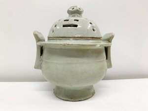 李朝 青磁 香炉 茶道具 骨董品 耳付き 蓋付 朝鮮 古美術 陶磁 陶器 時代物