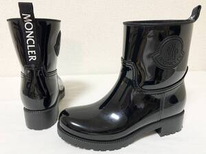 美品 モンクレール MONCLER GINETTE ブランドロゴ ワッペン ラバー ショート レイン ブーツ 35 21.5cm～22cm 黒 レディース シューズ 靴