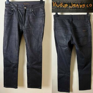 ★【USED品】NudieJeans ヌーディージーンズ THIN FINN シンフィン BACK 2 BLACK コーティング ストレッチ ブラック デニム パンツ W29 L32