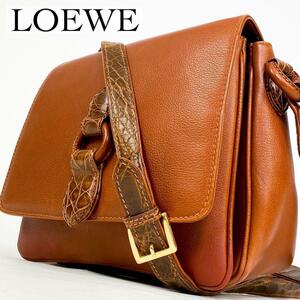 極美品・希少モデル LOEWE ロエベ ショルダーバッグ クロコ ボックス型 ポーチ クロスボディバッグ レザー ブラウン