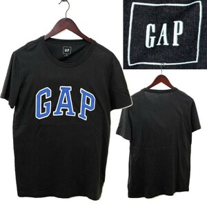 ★【ロゴワッペン デザイン◎ カンボジア製】GAP ギャップ コットン100％ ビッグロゴ クルーネック Tシャツ XS ブラック系 USED品