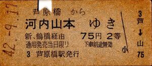 大阪環状線　近鉄連絡　芦原橋から河内山本ゆき　75円　2等　芦原橋駅発行　パンチ